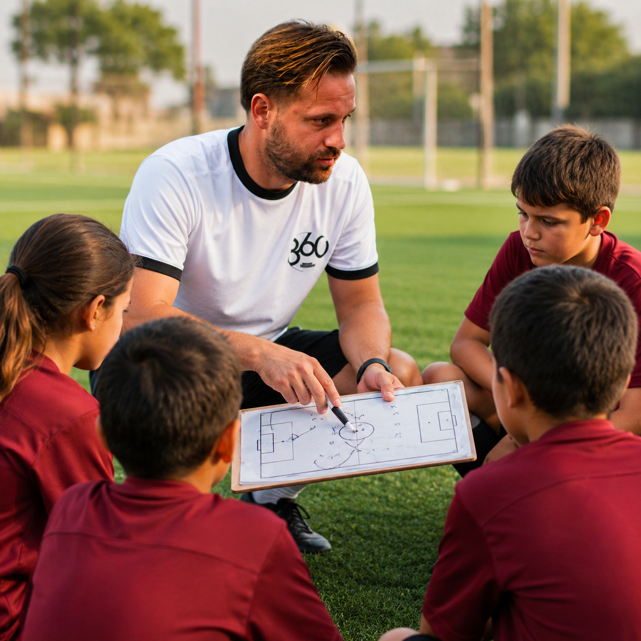 Entrenador explicando conceptos tácticos a los jugadores