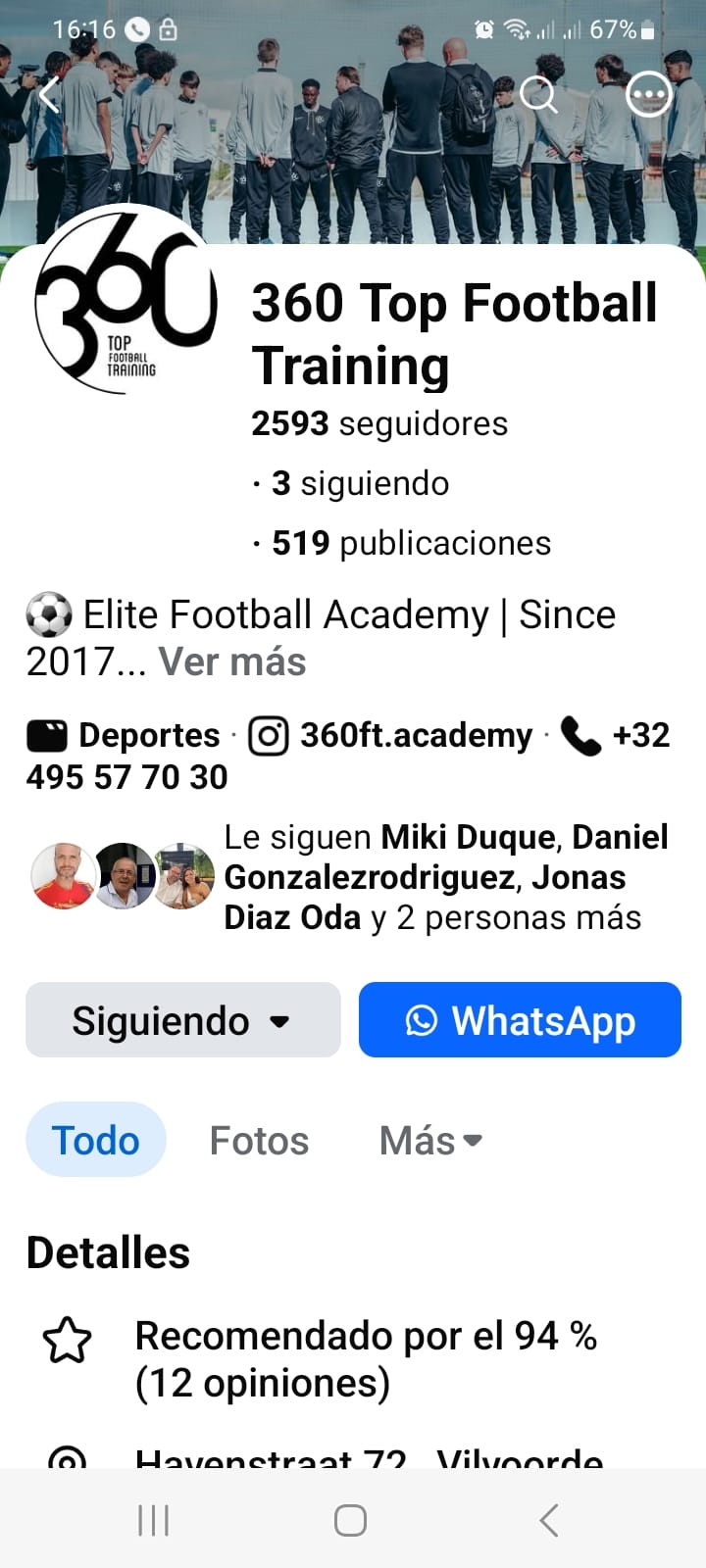 Página de Facebook de 360 Top Football Training